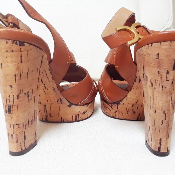 Chloe Cork Slingback Platform High Heel Tan Brown Size 39 - Picture 8 of 15